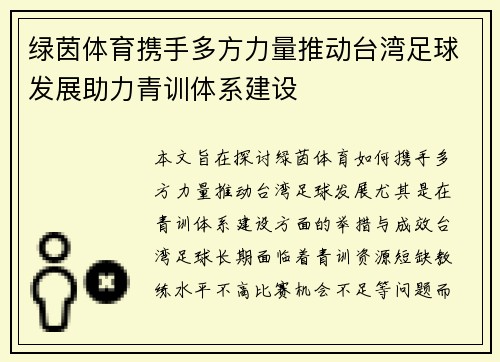 绿茵体育携手多方力量推动台湾足球发展助力青训体系建设